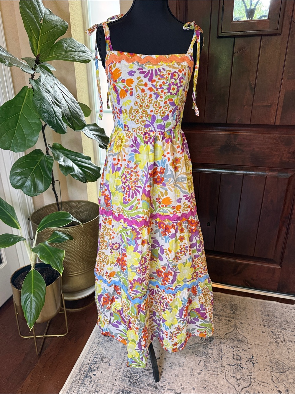 Fate Bright Floral Tie-Shoulder Maxi Dress Size Small 100% Cotton